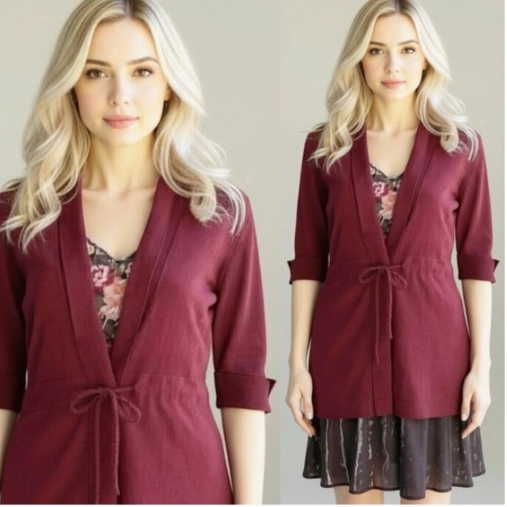 Neiman Marcus Cashmere Collection Drawstring Waist Burgundy Red Cardigan, Medium